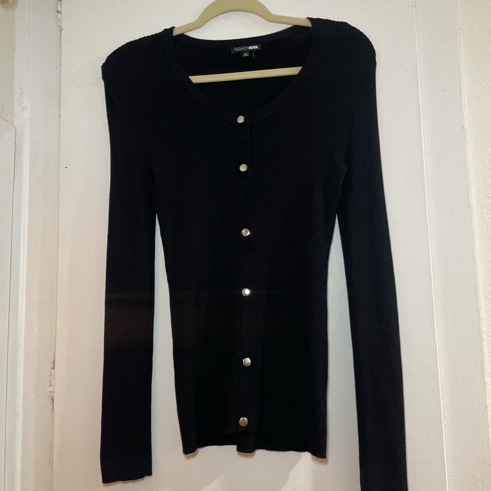 Black cardigan stretchy ribbed sweater with silver buttons Size L